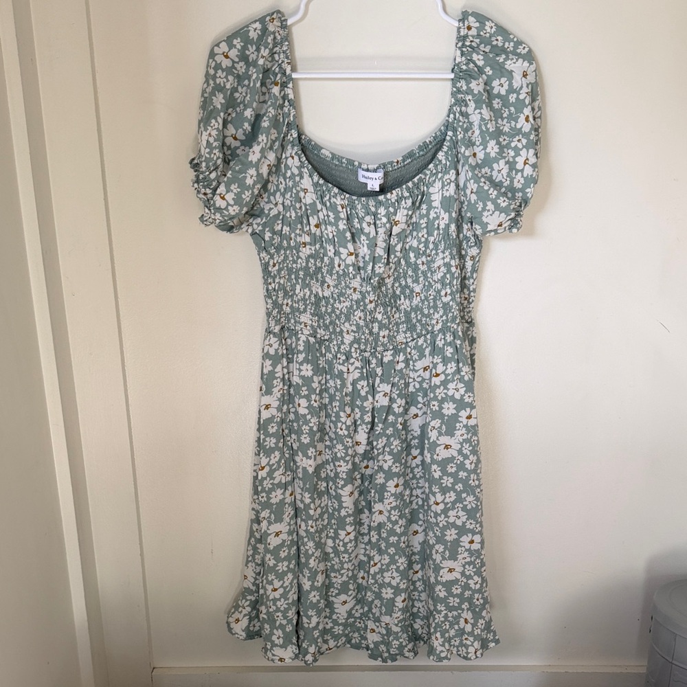 Boho Floral Smocked Puff-Sleeve Mini Dress - Sage Green
